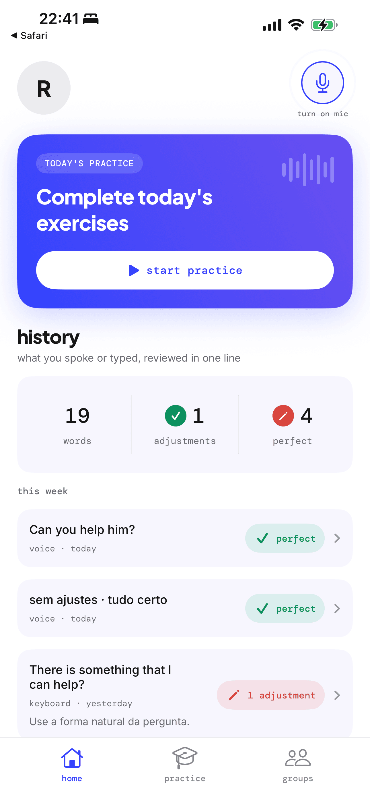 app screen · your practice for today